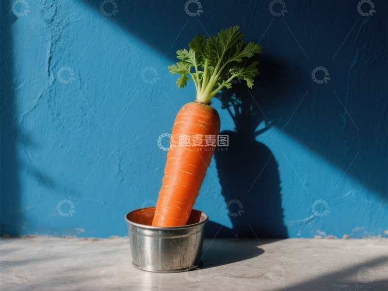 高清大图下载【趣麦麦图】胡萝卜置于金属小桶中，背景为蓝色墙面