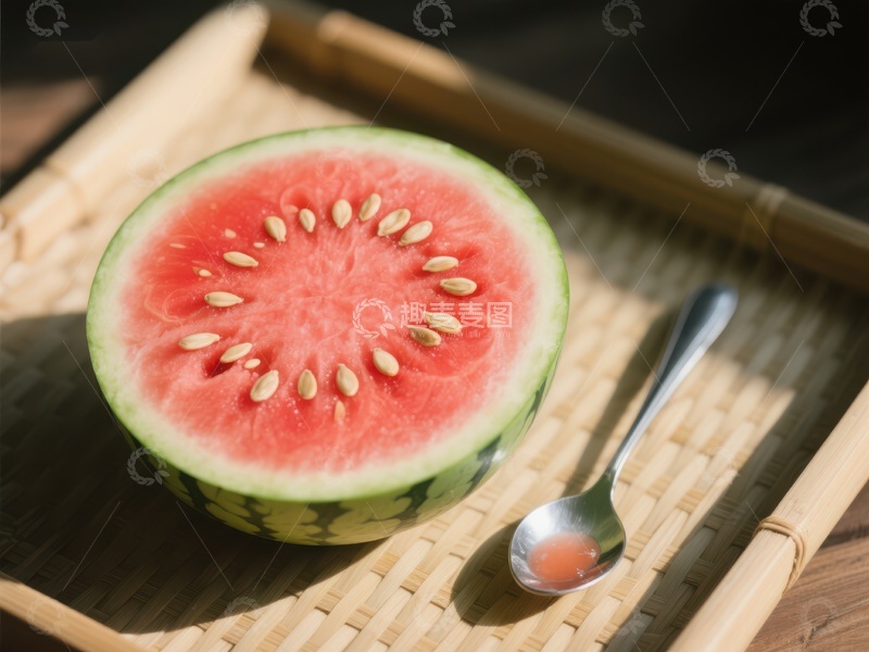 高清大图下载【趣麦麦图】切开的西瓜与勺子置于竹托盘上