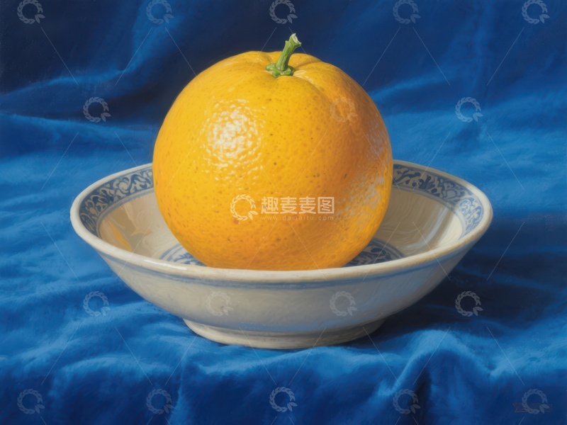 高清大图下载【趣麦麦图】橙子置于蓝色背景的瓷碗中