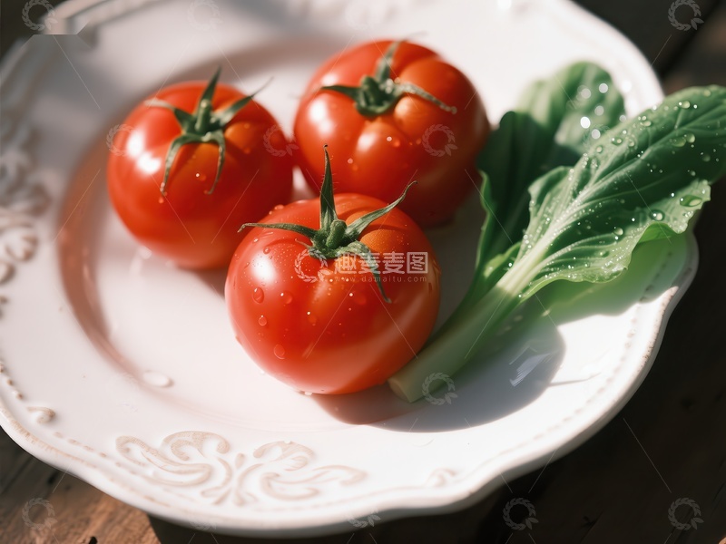 高清大图下载【趣麦麦图】新鲜番茄与青菜置于白色盘中