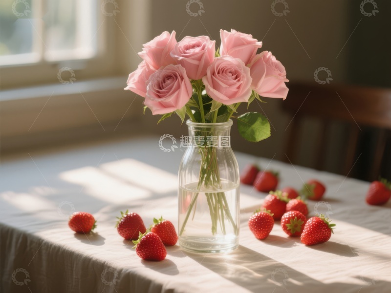 高清大图下载【趣麦麦图】粉色玫瑰与草莓的静谧餐桌