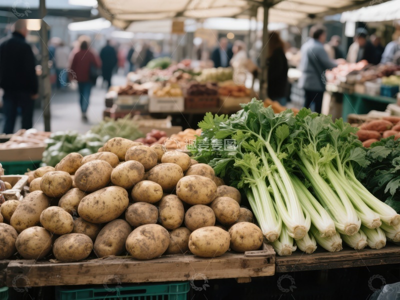 市场摊位上的新鲜土豆和芹菜