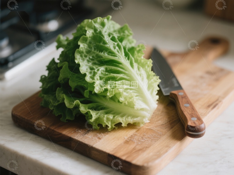 高清大图下载【趣麦麦图】生菜置于木制砧板上