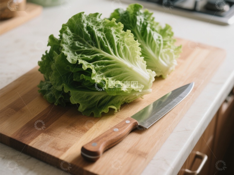 高清大图下载【趣麦麦图】生菜与刀具置于砧板上
