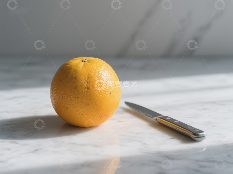 高清大图下载【趣麦麦图】橙子与刀具静置大理石台面