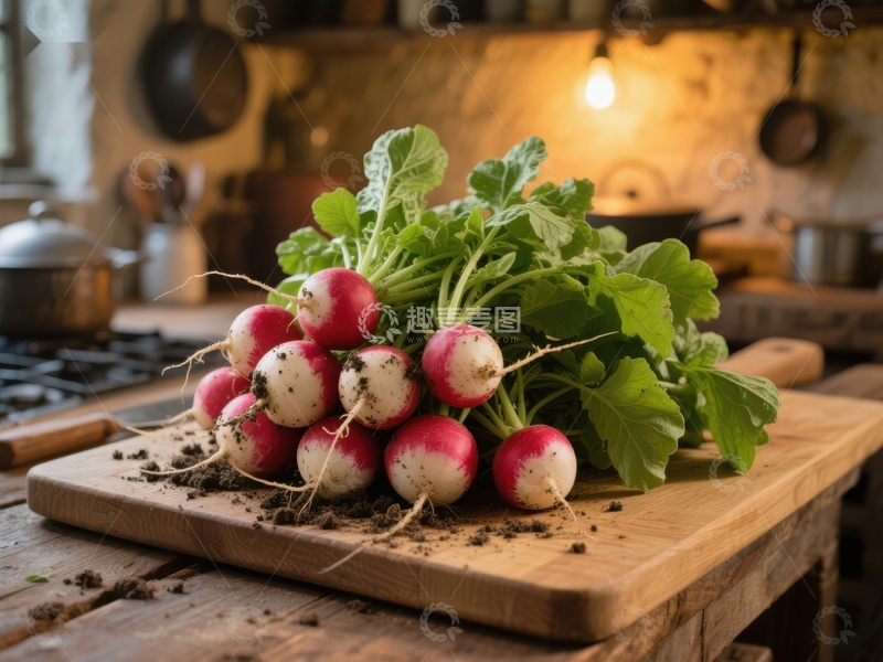高清大图下载【趣麦麦图】新鲜萝卜置于厨房木板上