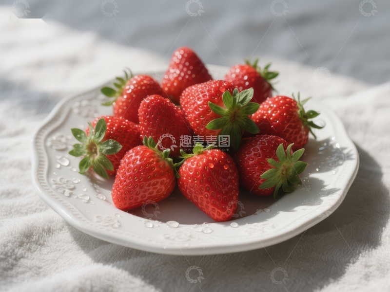 高清大图下载【趣麦麦图】新鲜草莓堆放在白色盘子上