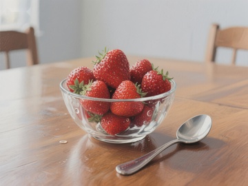 木桌上的草莓玻璃碗