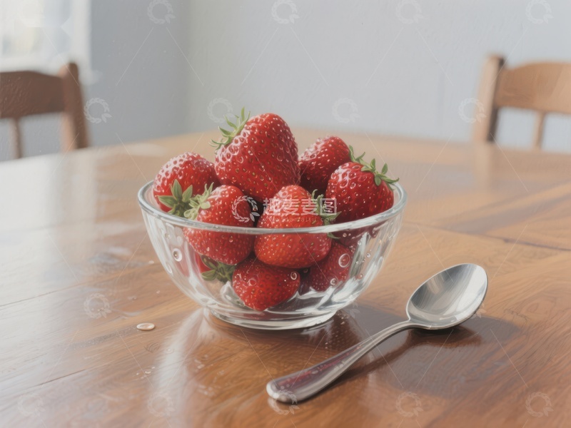 高清大图下载【趣麦麦图】木桌上的草莓玻璃碗