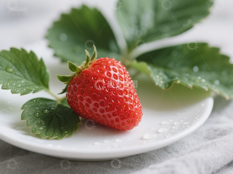 高清大图下载【趣麦麦图】新鲜草莓与绿叶置于白色盘中