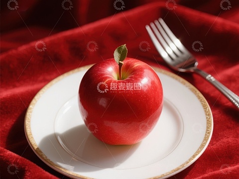 红苹果置于白色盘中，配以银叉