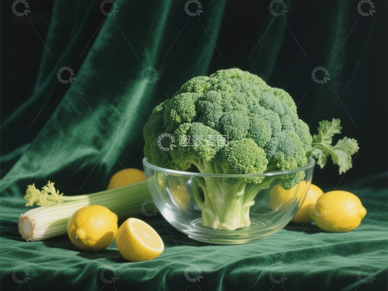 高清大图下载【趣麦麦图】新鲜西兰花与柠檬的静物组合