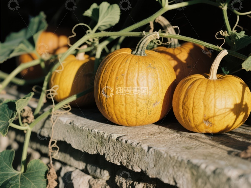 高清大图下载【趣麦麦图】阳光下的南瓜与藤蔓