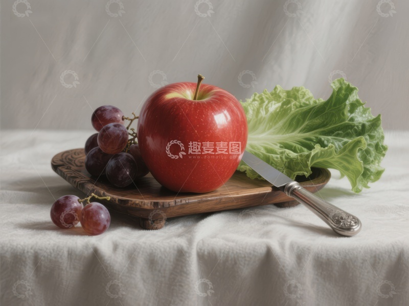 高清大图下载【趣麦麦图】红苹果、葡萄与生菜的静物组合