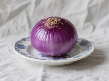 紫色洋葱置于蓝花瓷盘