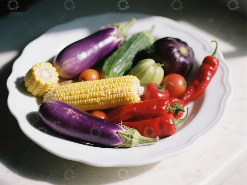 高清大图下载【趣麦麦图】新鲜蔬菜盘：玉米茄子辣椒等