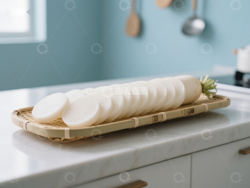 高清大图下载【趣麦麦图】切片萝卜置于竹盘之上