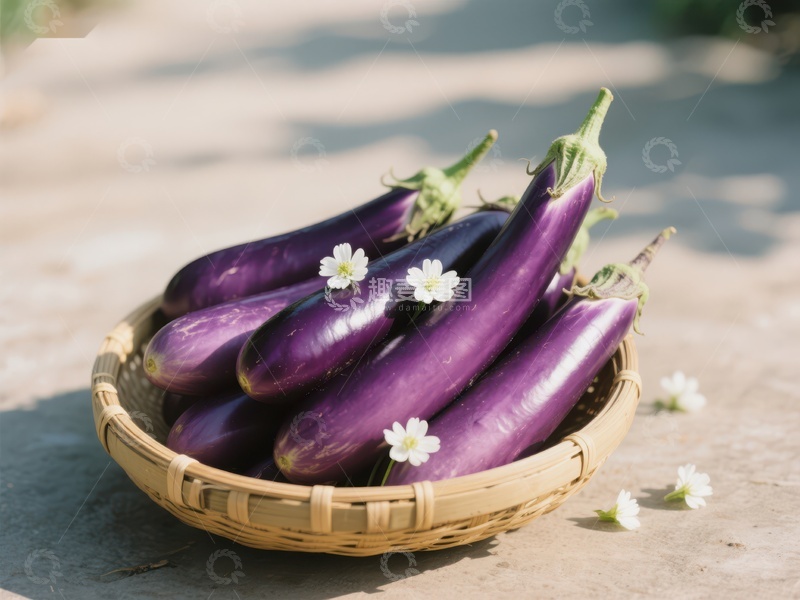 高清大图下载【趣麦麦图】篮中紫茄配小白花