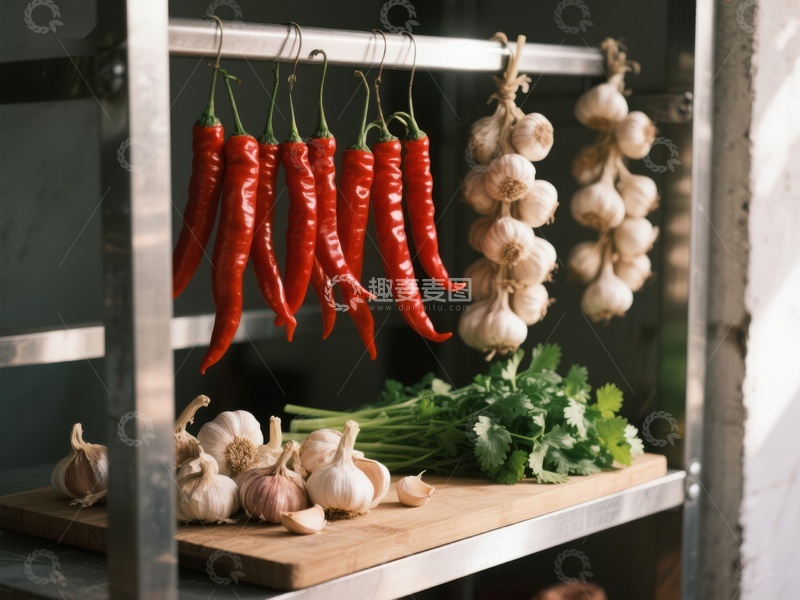 高清大图下载【趣麦麦图】悬挂的红辣椒与大蒜及香菜