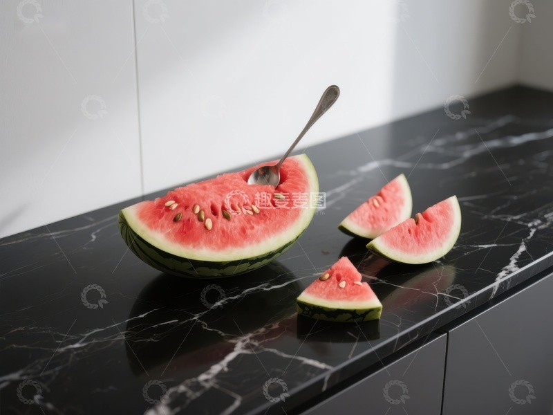 高清大图下载【趣麦麦图】切开的西瓜放在黑色大理石台面上