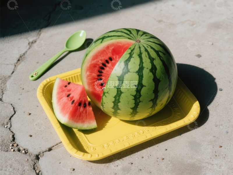 高清大图下载【趣麦麦图】切开的西瓜置于黄色托盘上