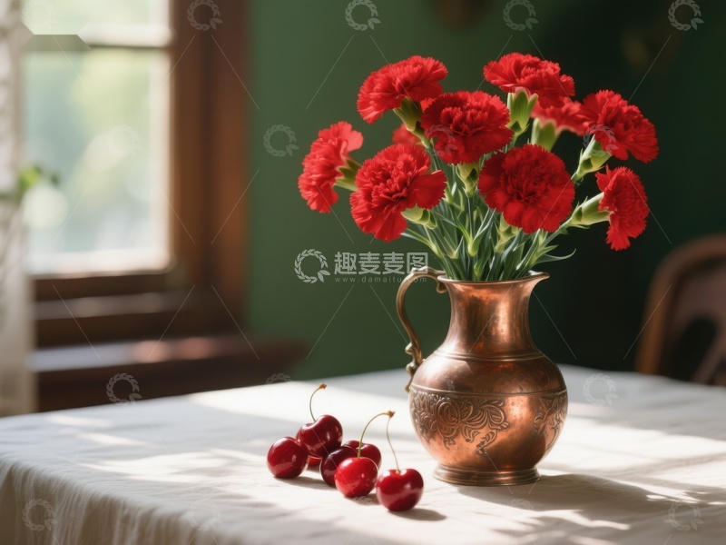 高清大图下载【趣麦麦图】-铜壶中的红色康乃馨与樱桃
