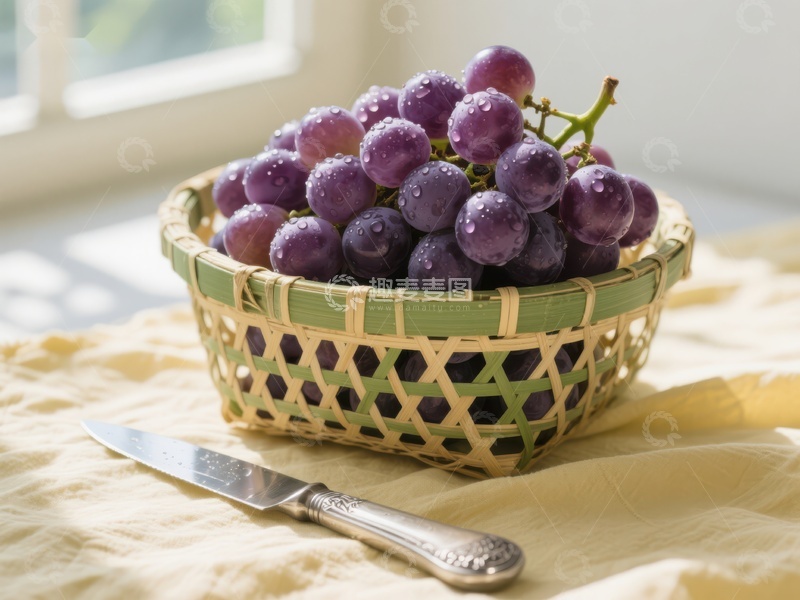 高清大图下载【趣麦麦图】竹篮中的紫葡萄与刀具