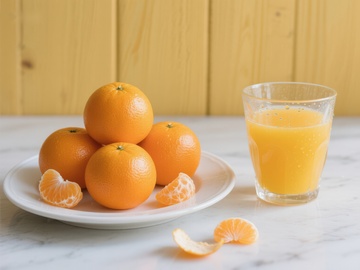 新鲜橙子与橙汁的静物组合