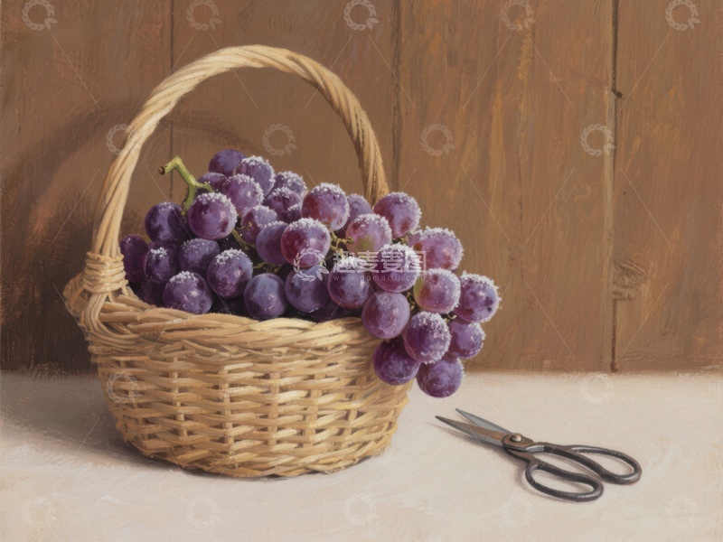 高清大图下载【趣麦麦图】篮中紫葡萄与剪刀静物画