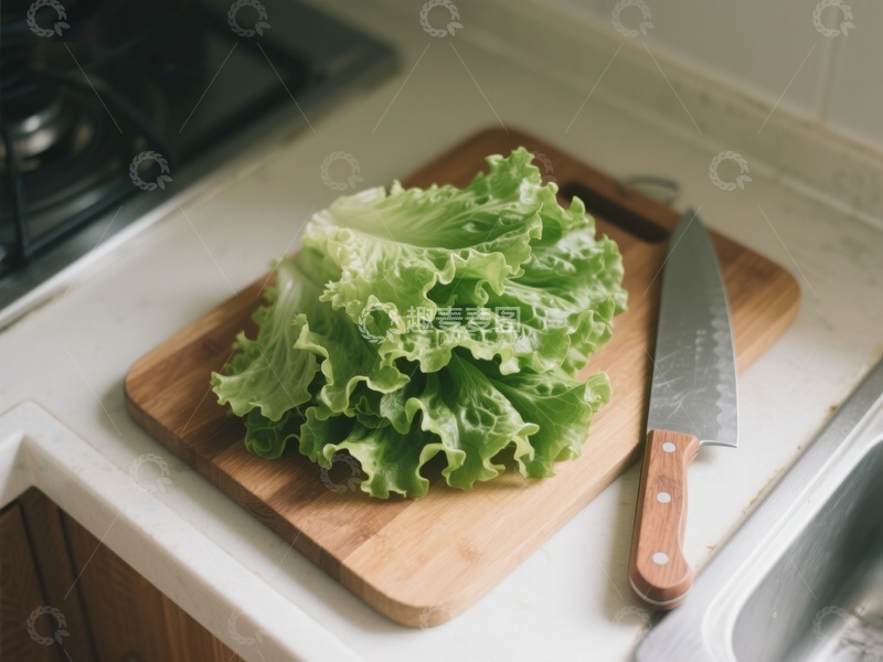 高清大图下载【趣麦麦图】生菜置于砧板旁配刀具