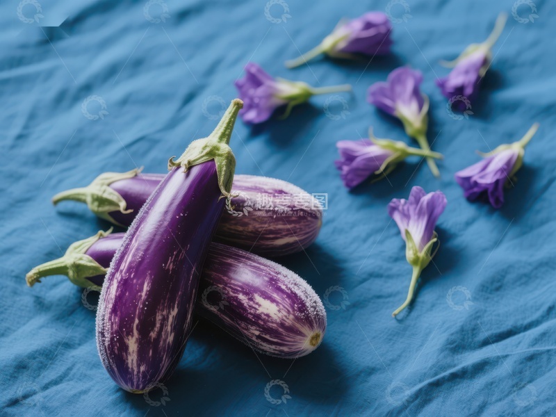 高清大图下载【趣麦麦图】紫色茄子与花朵的静物组合