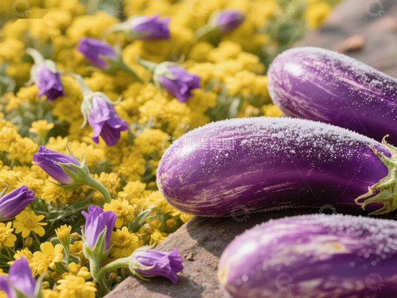 高清大图下载【趣麦麦图】紫色茄子与黄色花朵的静物组合