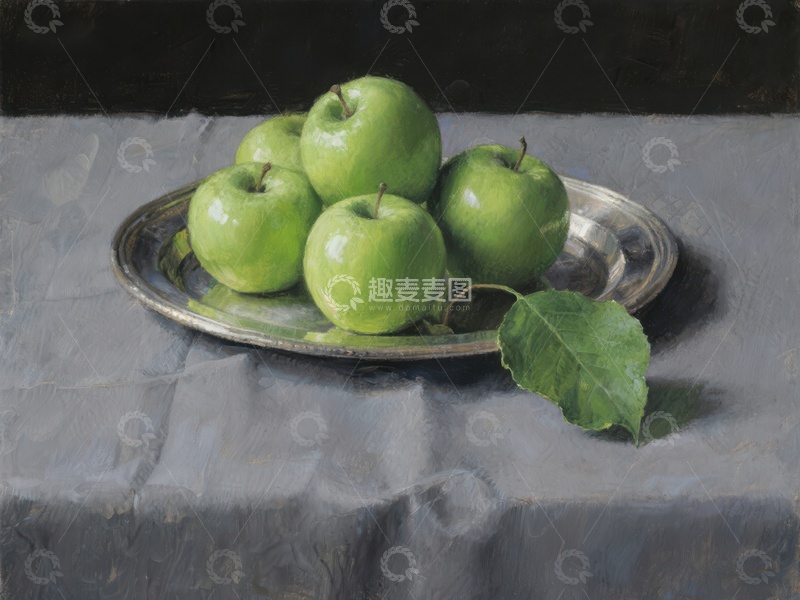 高清大图下载【趣麦麦图】盘中的青苹果静物画