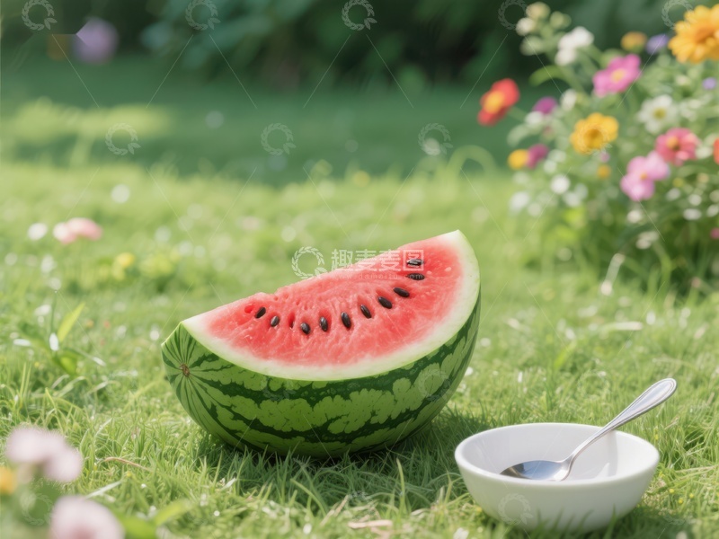 高清大图下载【趣麦麦图】夏日草地上的西瓜与小碗