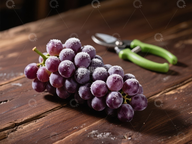 高清大图下载【趣麦麦图】新鲜葡萄与剪刀置于木质桌面