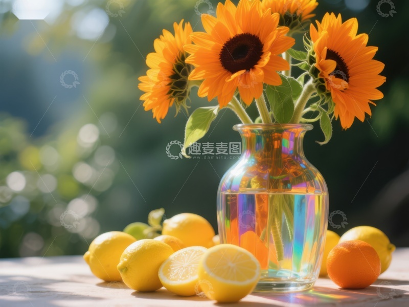 高清大图下载【趣麦麦图】向日葵与柠檬的夏日静物