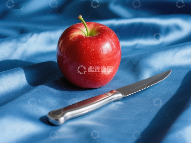 高清大图下载【趣麦麦图】红苹果与刀具置于蓝色布料上