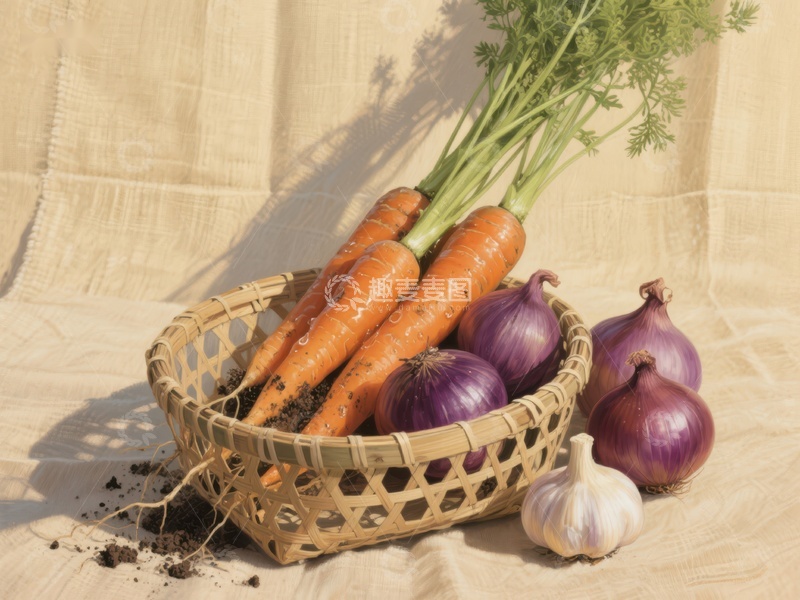 高清大图下载【趣麦麦图】篮中胡萝卜与洋葱的静物组合