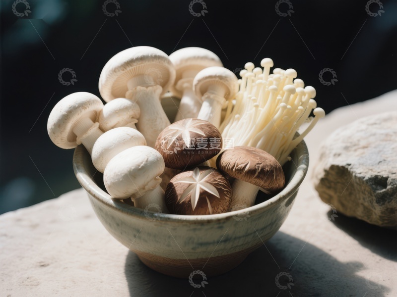 高清大图下载【趣麦麦图】新鲜蘑菇盛于陶碗中