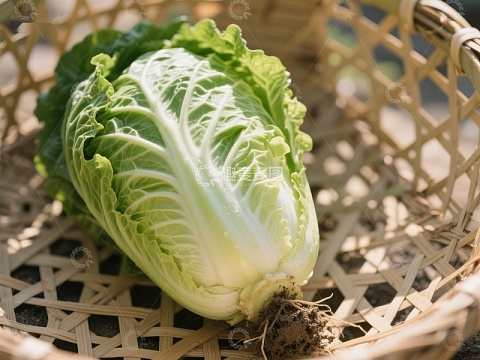 新鲜白菜置于竹篮中