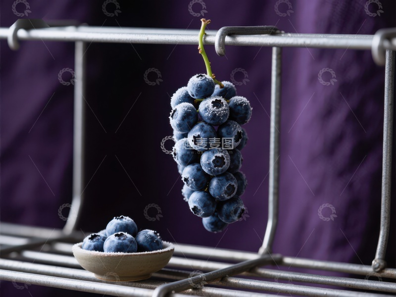 高清大图下载【趣麦麦图】蓝莓悬挂金属架旁，小碟盛放