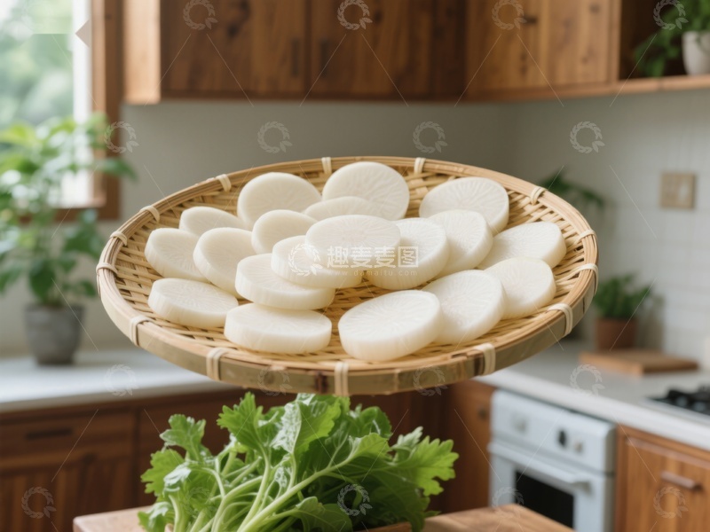 高清大图下载【趣麦麦图】竹篮盛放的白色圆形食品