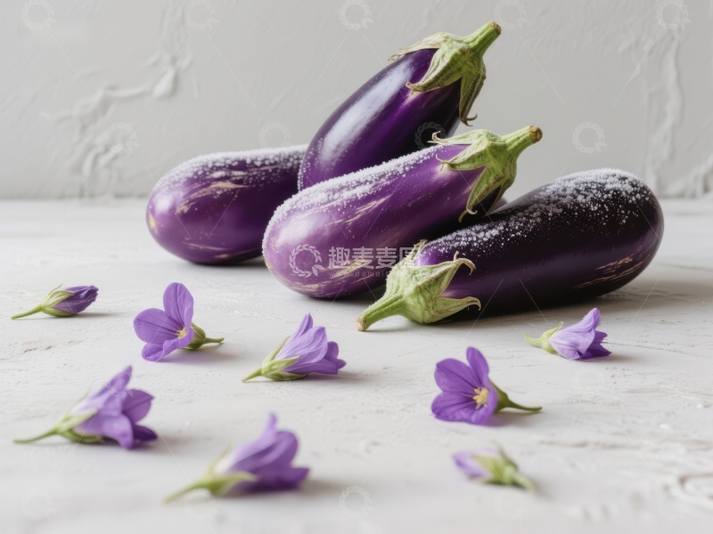 高清大图下载【趣麦麦图】紫色茄子与小花的静物组合