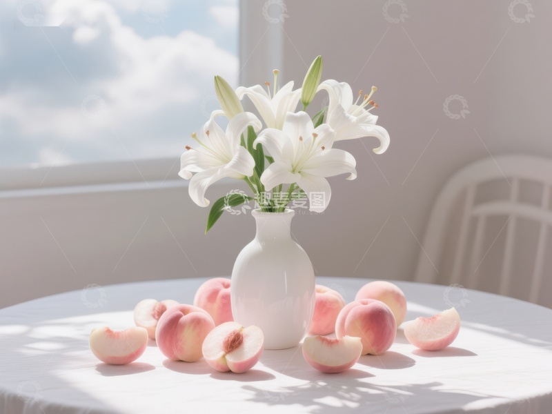 高清大图下载【趣麦麦图】-白花与桃子的静谧组合