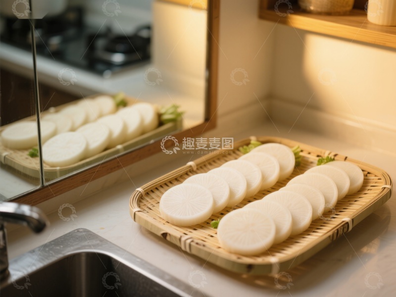 高清大图下载【趣麦麦图】厨房竹盘上的切片萝卜