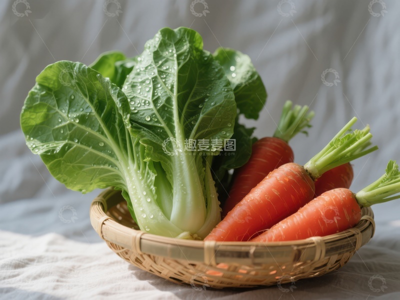 高清大图下载【趣麦麦图】新鲜蔬菜篮：胡萝卜与小白菜