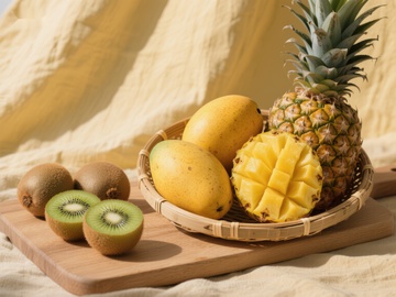 热带水果组合：芒果、菠萝与奇异果