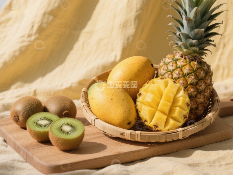 高清大图下载【趣麦麦图】热带水果组合：芒果、菠萝与奇异果