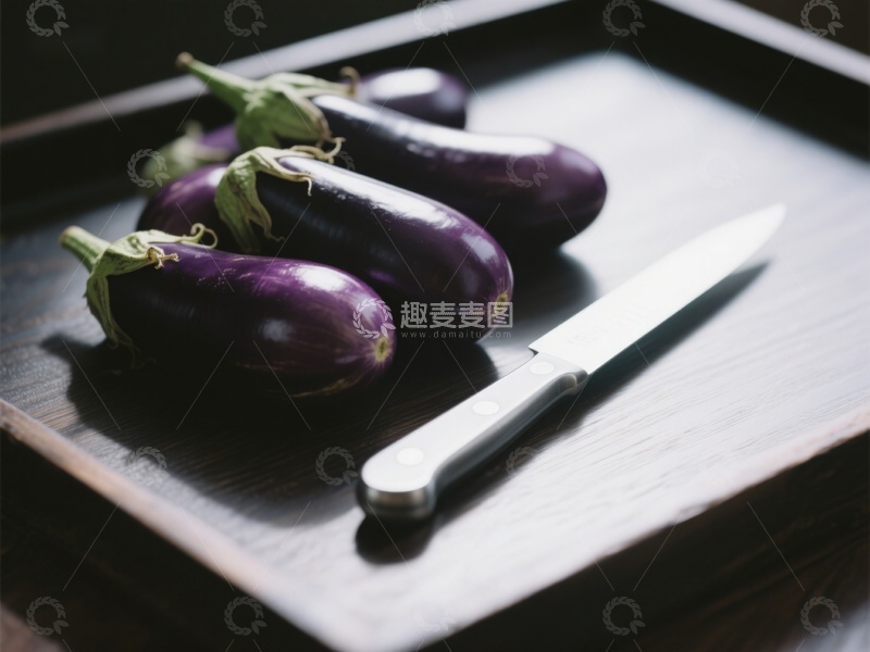 高清大图下载【趣麦麦图】茄子与刀置于木质砧板上