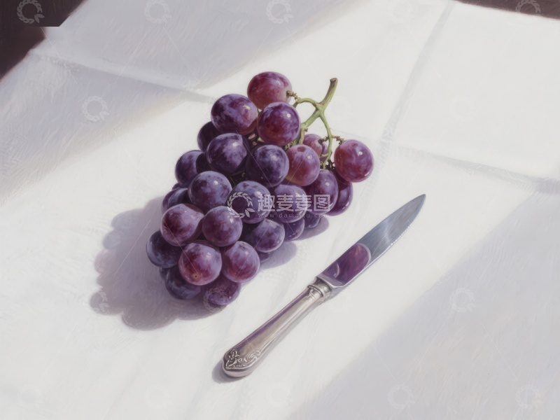 高清大图下载【趣麦麦图】葡萄与刀具的静物组合